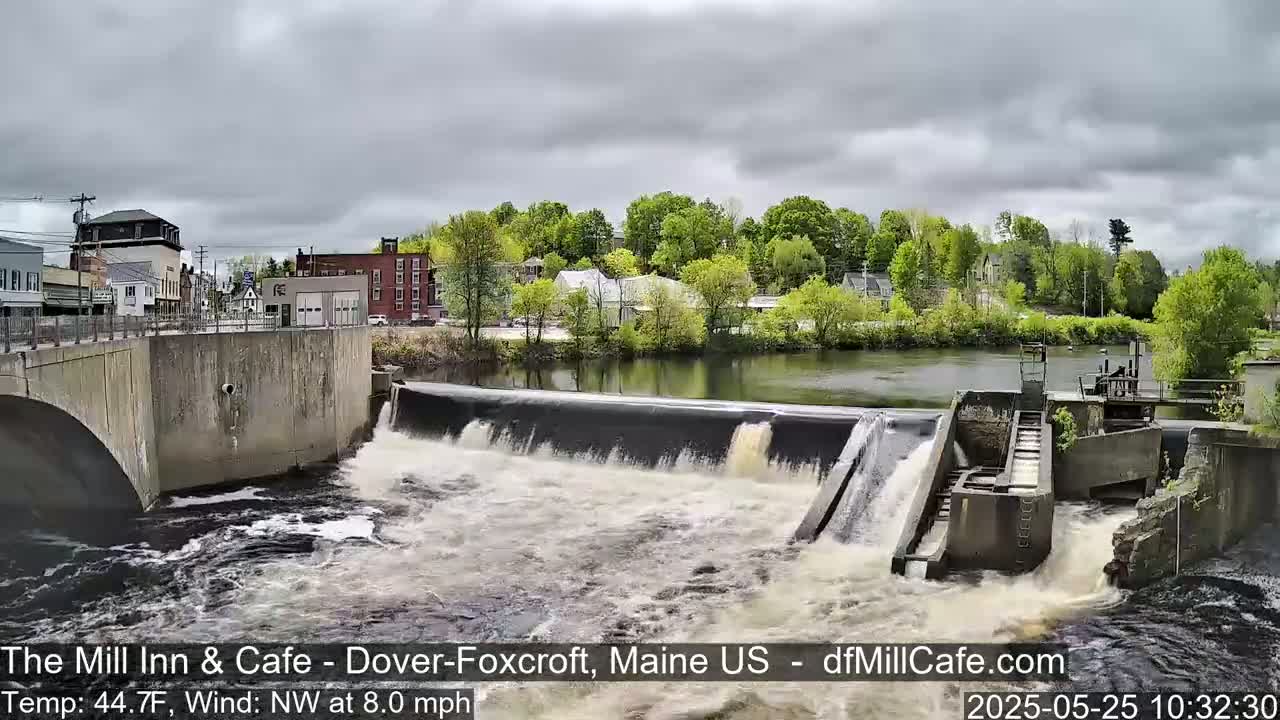 A river flows over a dam in a town under a cloudy sky.