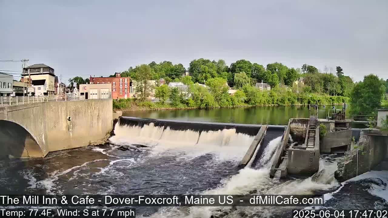 A river flows over a dam in a town, under a partly cloudy sky.