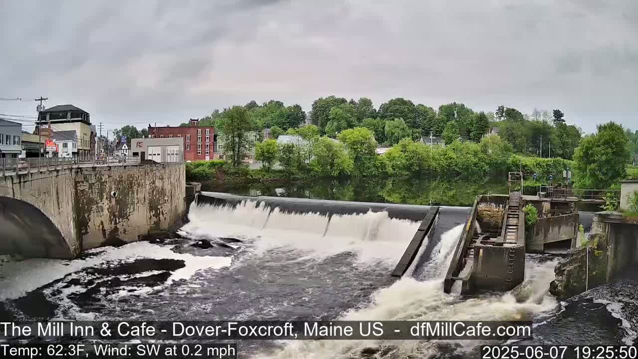 A river flows over a dam in an overcast setting, with buildings and trees visible in the background.