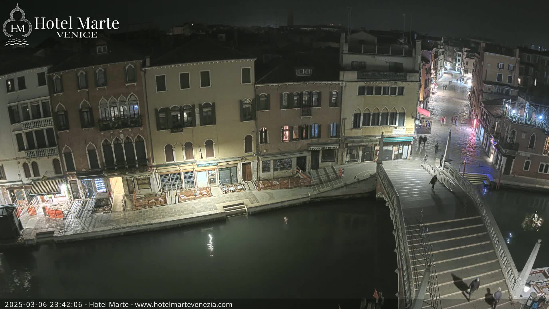 A nighttime aerial view of a canal in Venice, showing several buildings along the waterway and a bridge with pedestrians, under dark, clear skies.