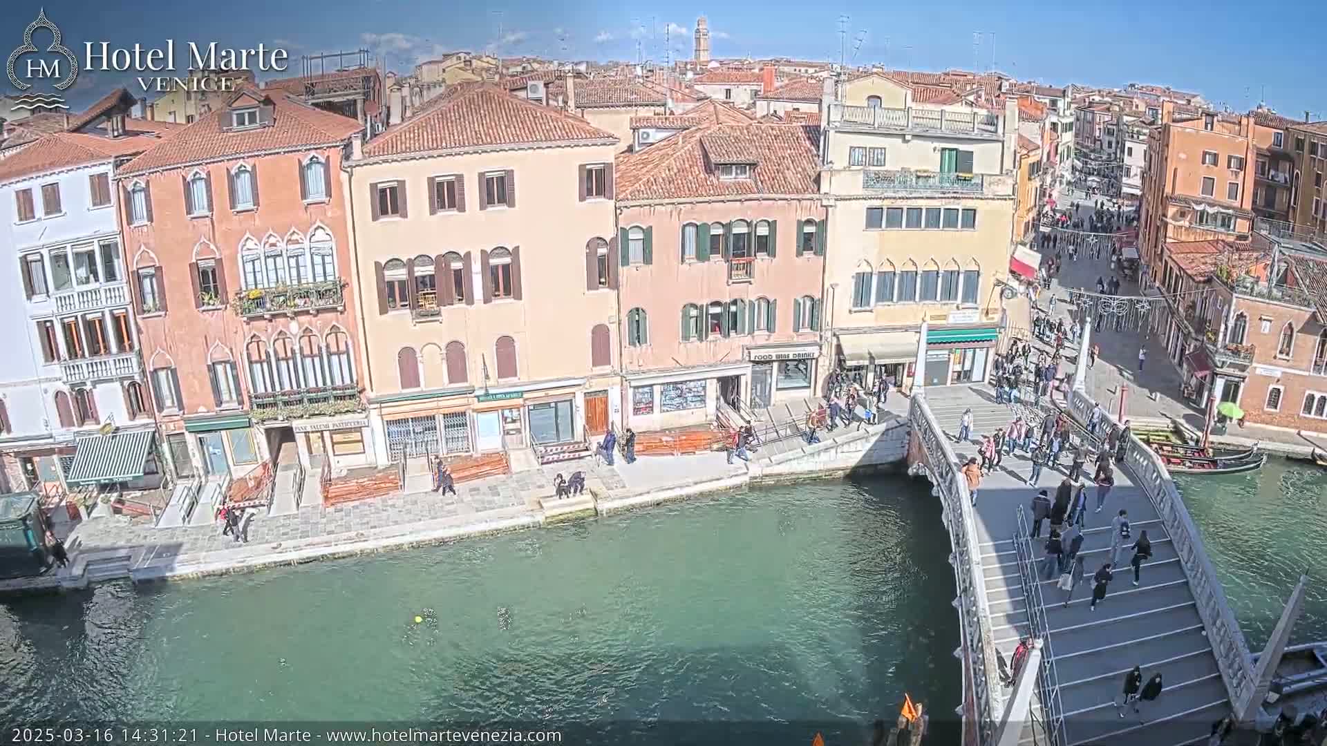 A sunny view of a canal in Venice, Italy, shows several buildings lining the waterway, with a footbridge crowded with people crossing over the water.