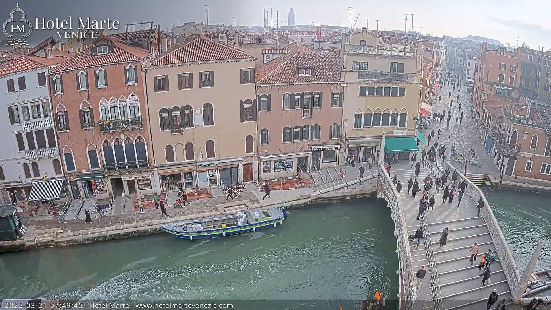 A canal in Venice, Italy, under an overcast sky, shows a bridge with pedestrians crossing it and a small boat on the water, with colorful buildings lining the canal.
