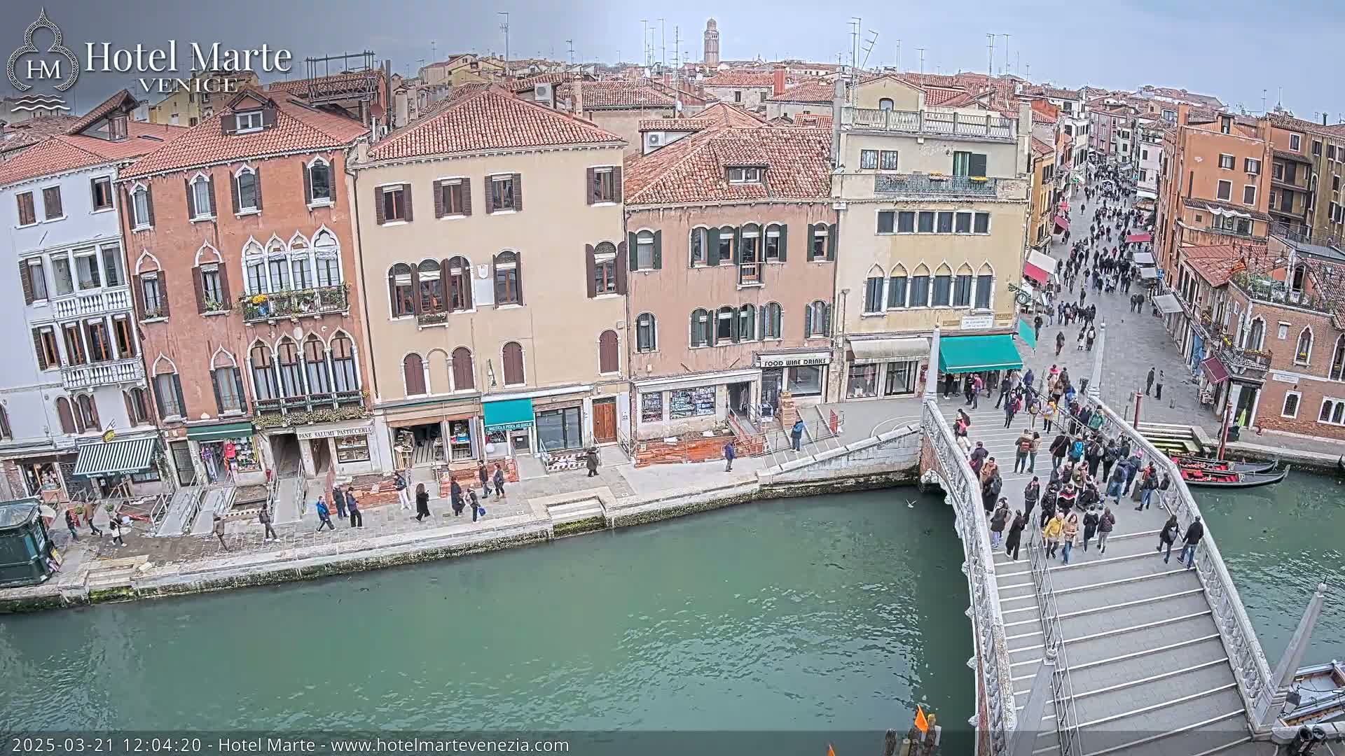 A canal in Venice, under an overcast sky, is crowded with pedestrians crossing a bridge, while gondolas are visible in the water and shops line the canal.