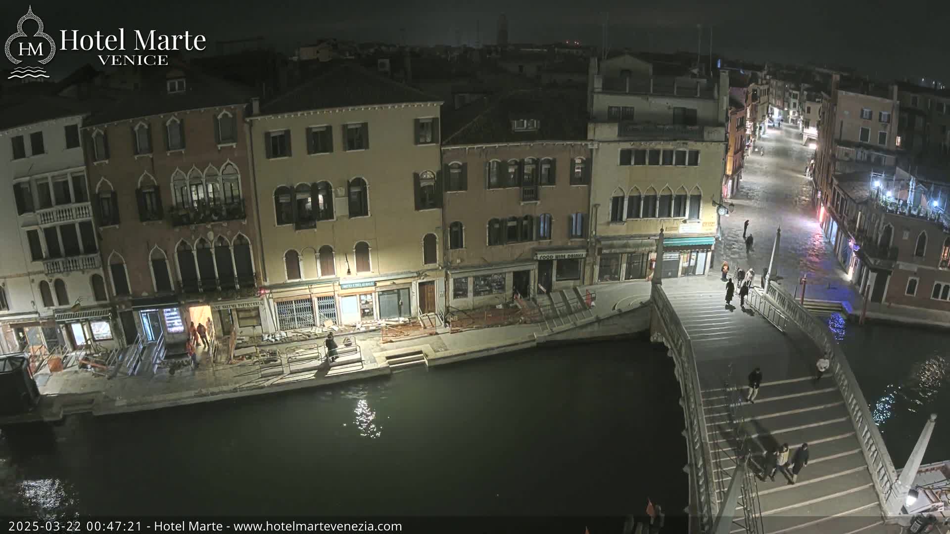A nighttime aerial view shows a canal in Venice, Italy, with pedestrians on a bridge crossing over the waterway, and buildings lining the canal.