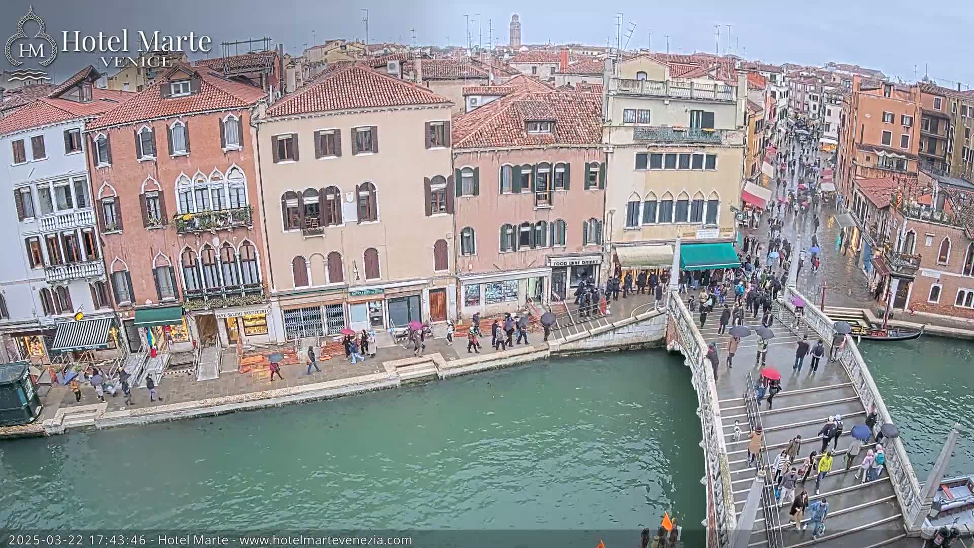 A rain-soaked Venetian canal scene shows pedestrians crossing a bridge and walking along the water's edge, passing colorful buildings.