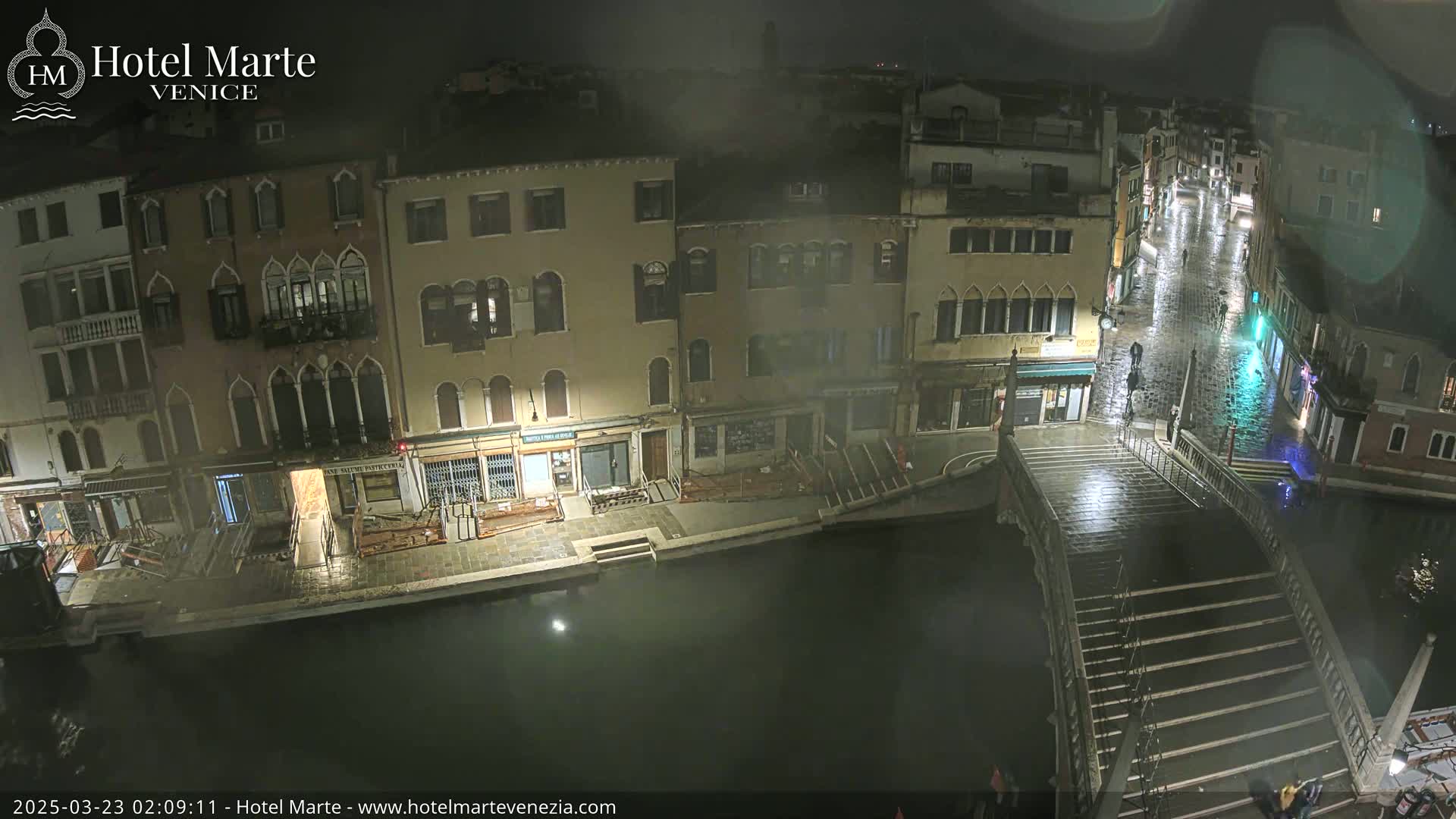 A nighttime view of a canal in Venice, showing several buildings along the waterway, a bridge, and rain-slicked streets.
