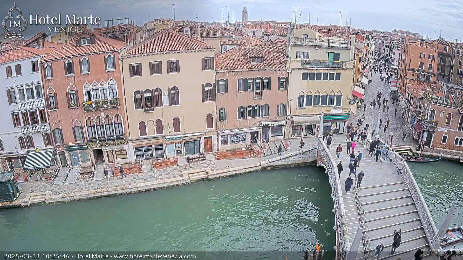 A canal in Venice, Italy, shows many pedestrians walking across a bridge on an overcast day, with colorful buildings lining the waterway.