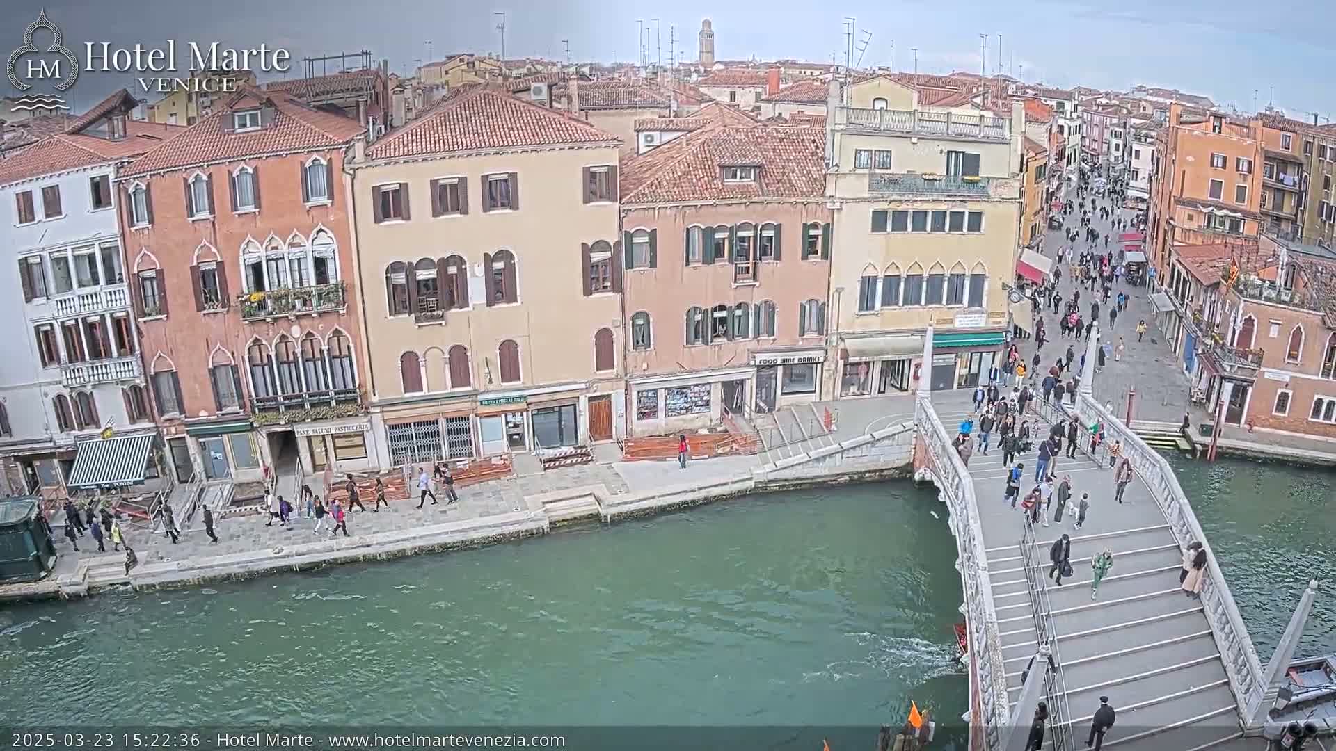 A canal in Venice, under a mostly clear sky, is crossed by a bridge with many pedestrians, and lined with buildings.