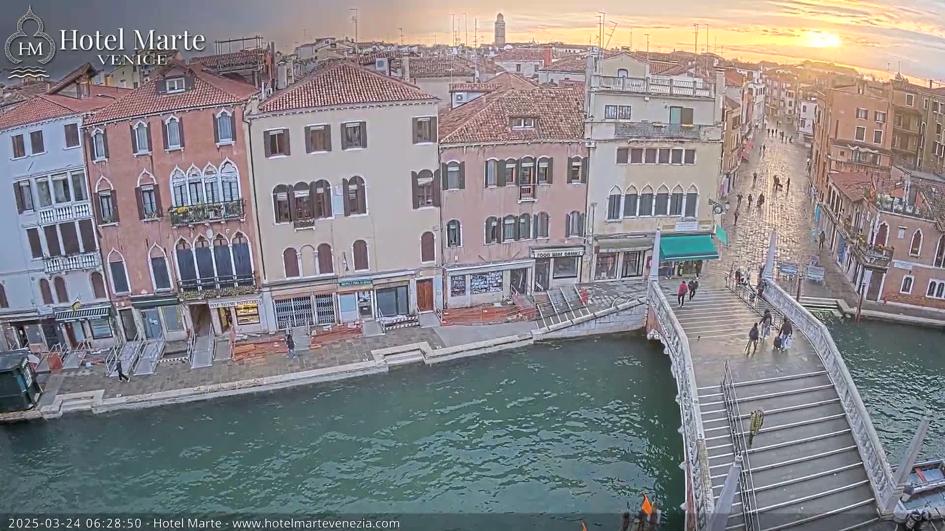 A canal in Venice, Italy, at sunset, shows several people walking across a bridge lined with colorful buildings.