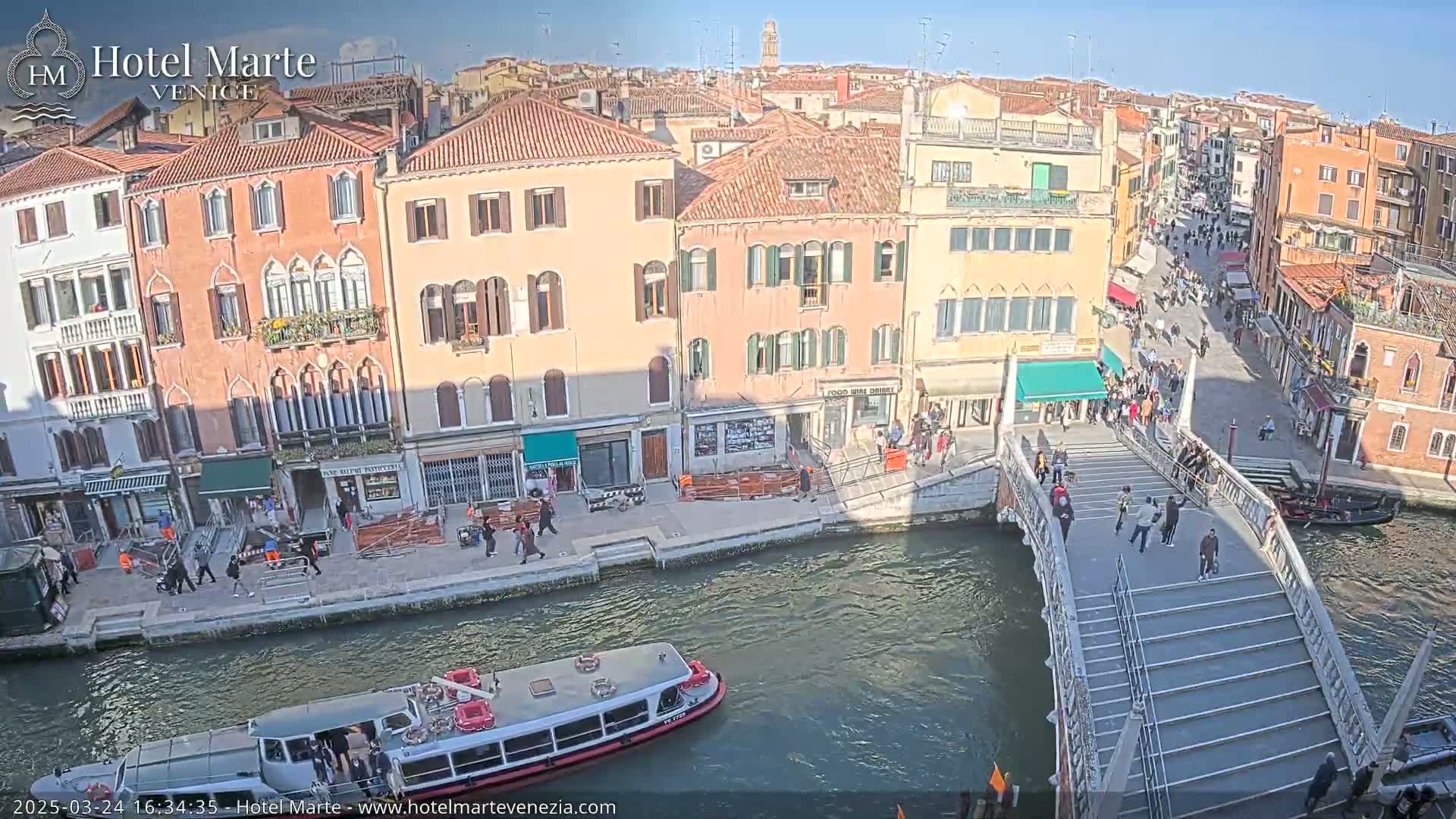 A sunny day in Venice shows a canal with a bridge, boats, and many buildings along the waterway, with people walking on the bridge and sidewalks.