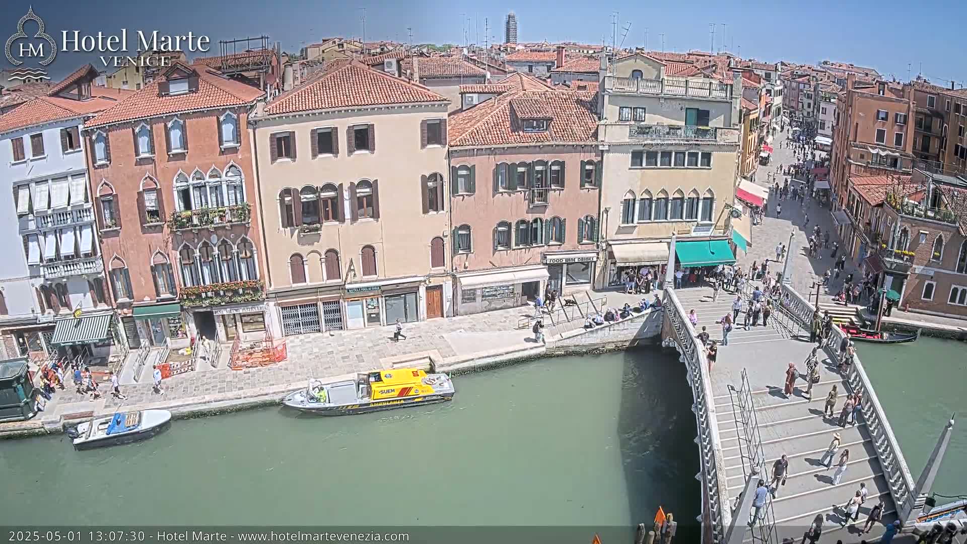 A sunny day in Venice shows a canal with boats, a bridge crowded with pedestrians, and colorful buildings lining the waterfront.
