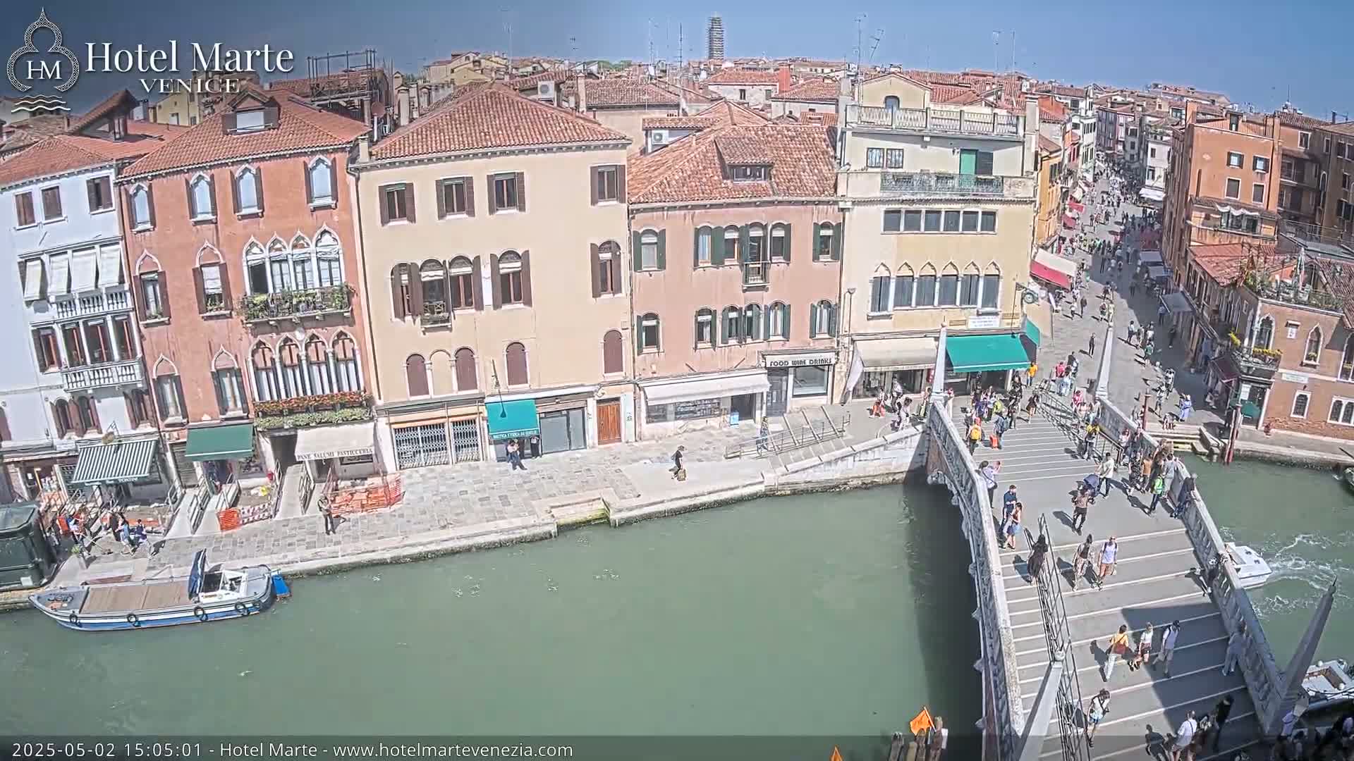 A sunny day in Venice shows a canal with a bridge crowded with people, and colorful buildings lining the waterway.