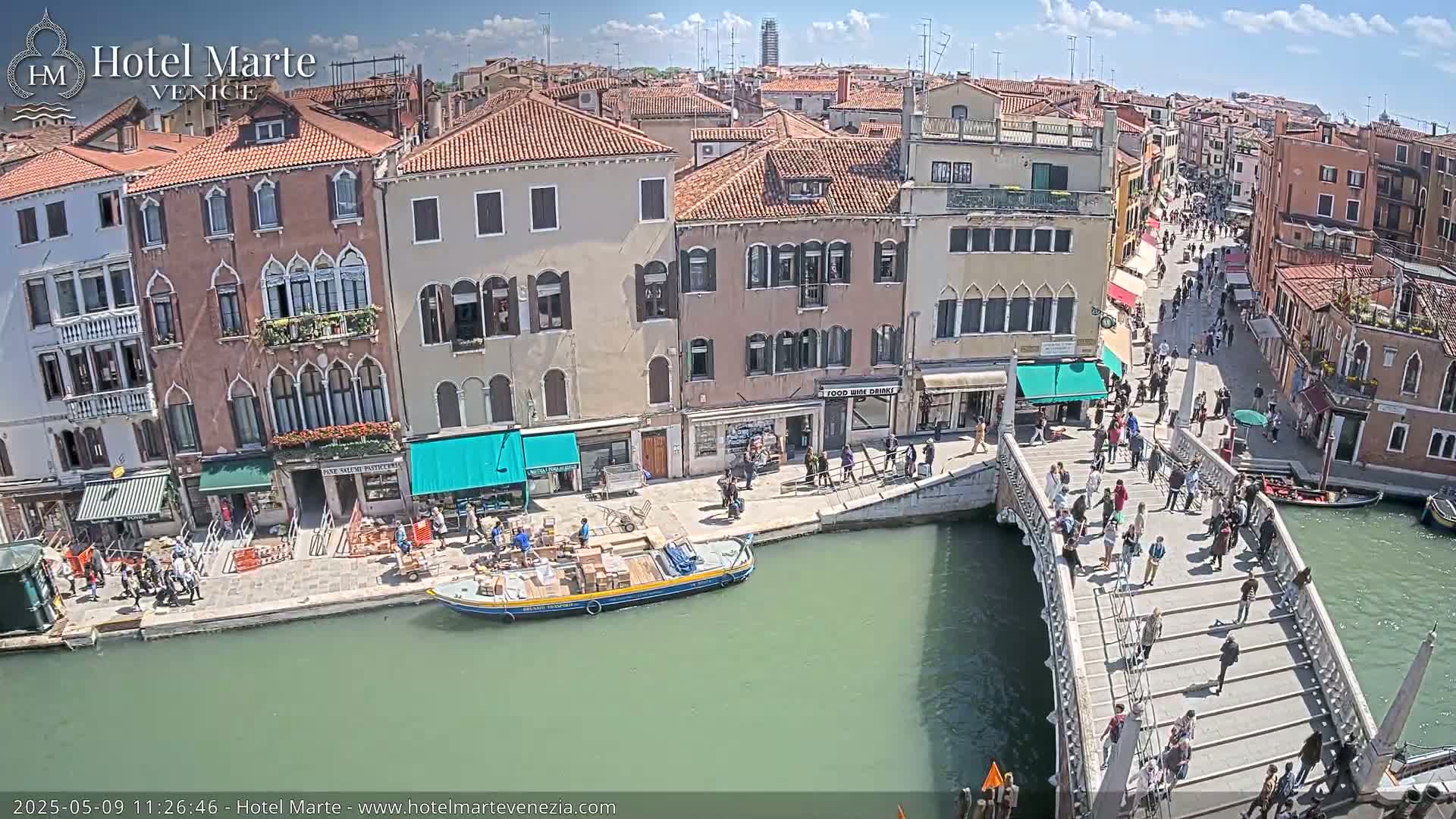 A sunny day in Venice shows a canal with a bridge crowded with pedestrians, boats, and buildings lining the waterway.