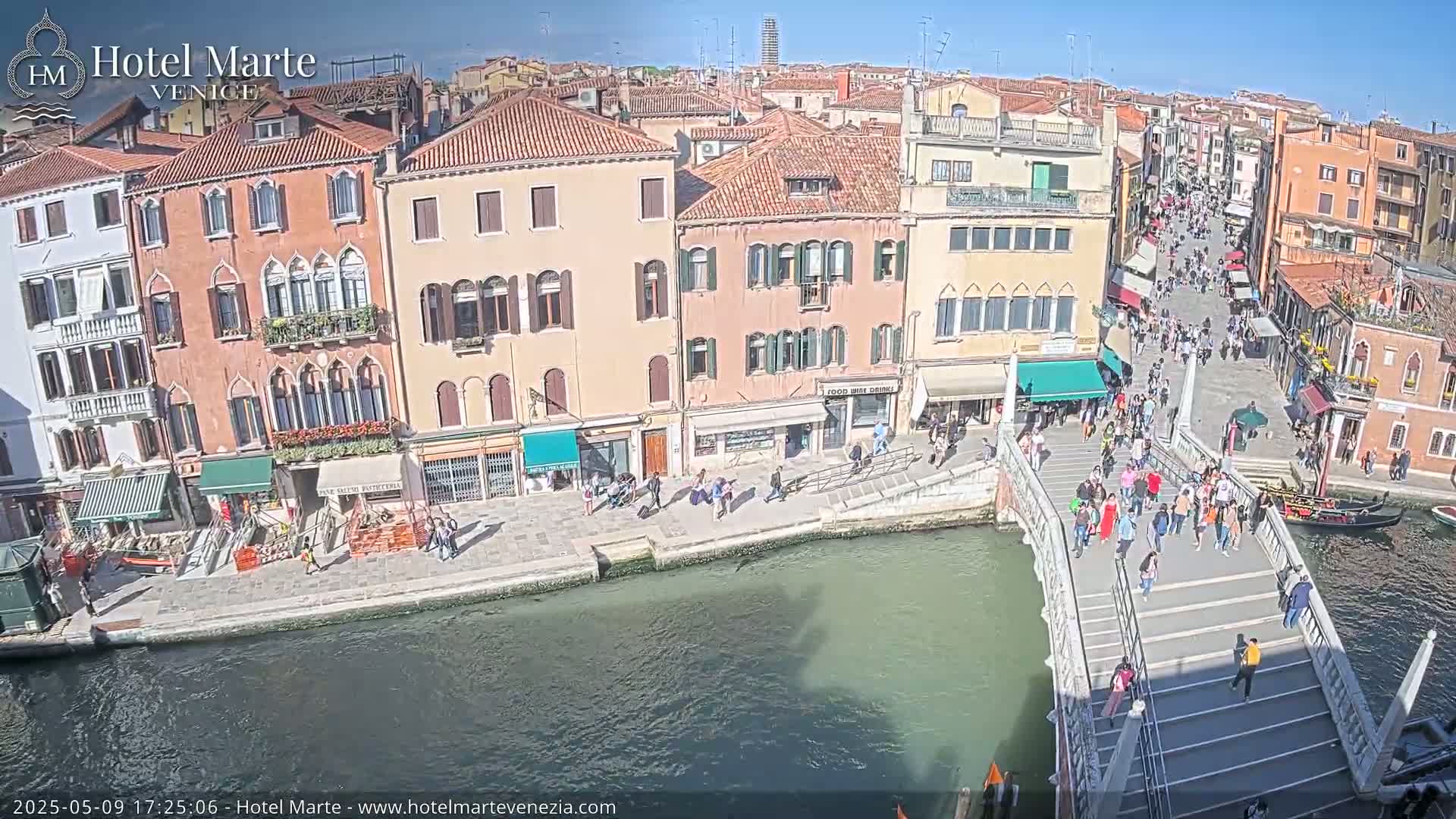A sunny day in Venice shows a canal with a footbridge crowded with people, alongside buildings with shops and restaurants.