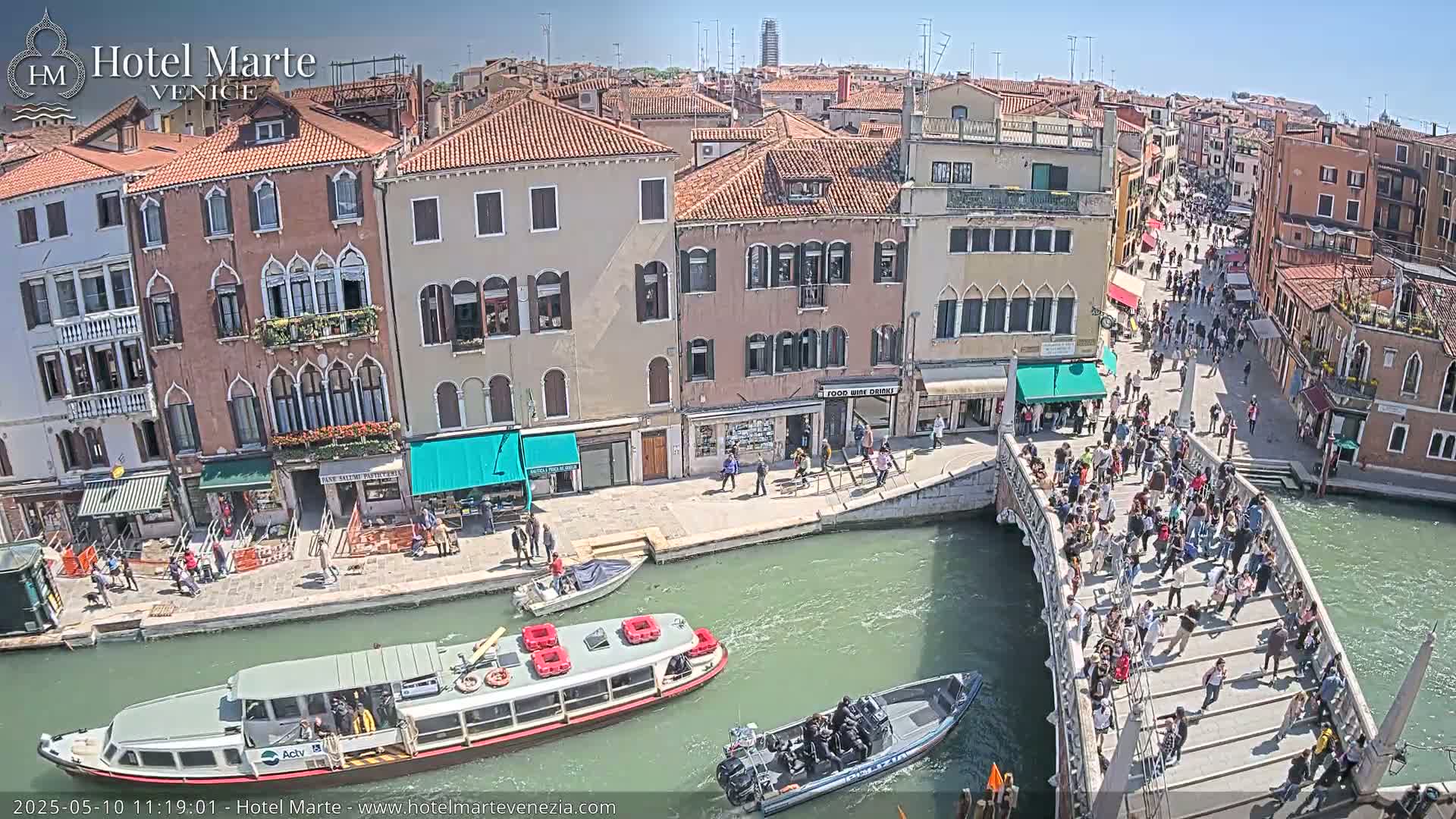 A sunny day in Venice shows a canal with boats, a bridge crowded with people, and colorful buildings lining the waterway.