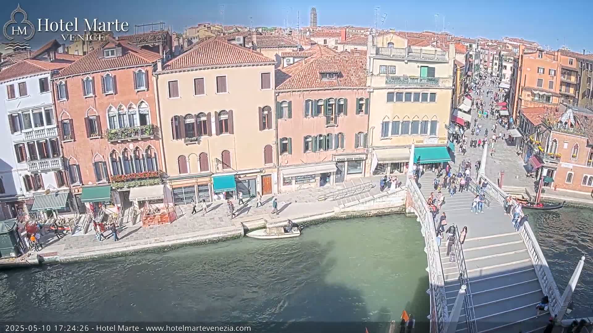 A sunny day in Venice shows a canal with a bridge crowded with people, flanked by colorful buildings and shops.