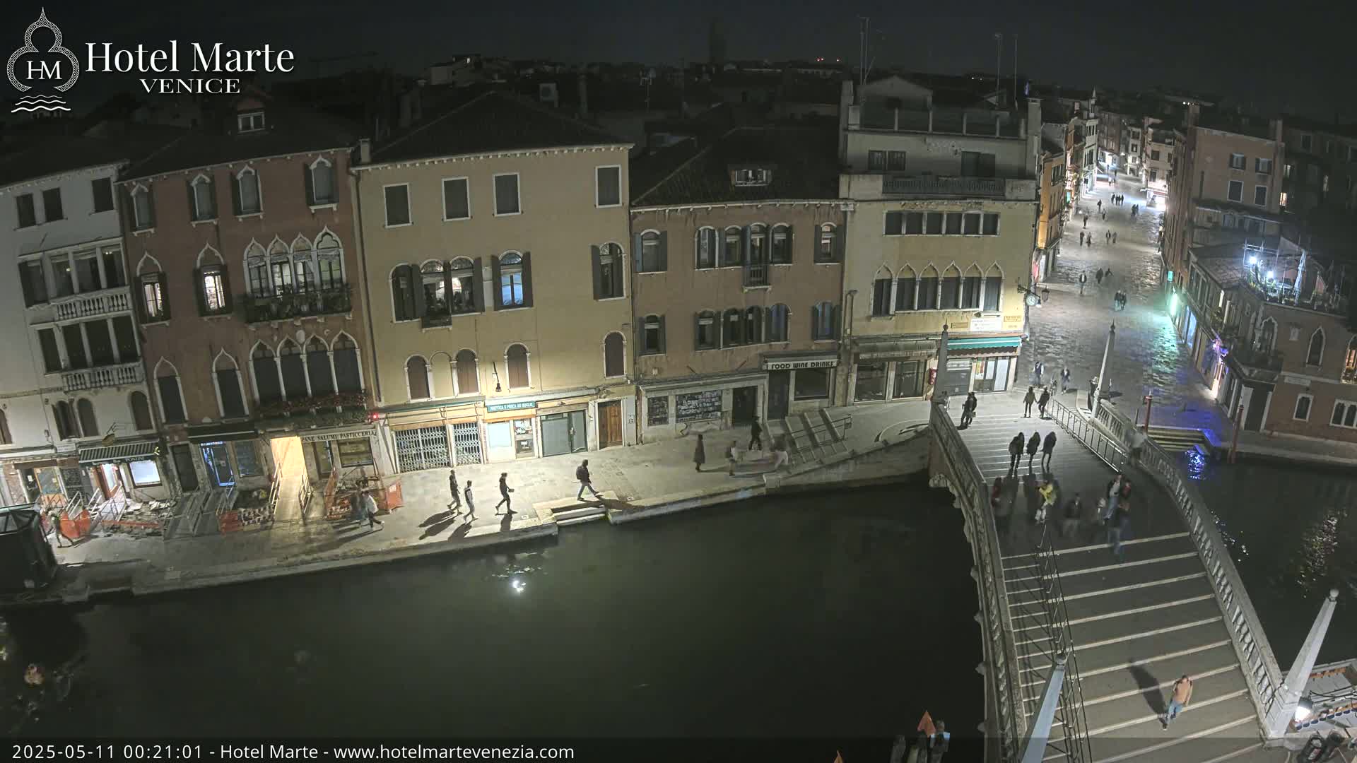 A nighttime aerial view of a canal in Venice shows pedestrians walking along a bridge and canal-side streets, under a dark sky.