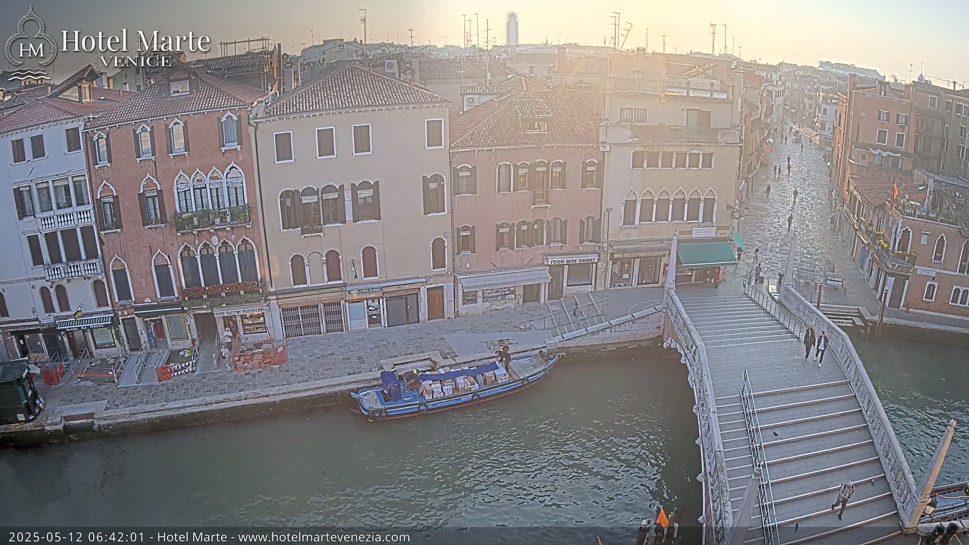 A canal-side view of several buildings in Venice, Italy, at sunrise, showing a bridge with pedestrians and a small boat carrying packages on the water.