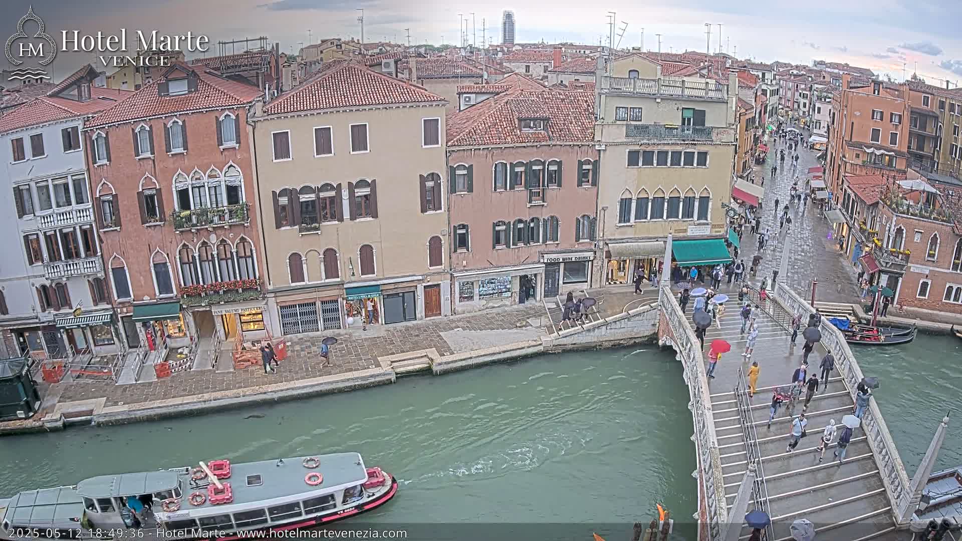 A canal in Venice, Italy, shows pedestrians crossing a bridge under an overcast sky during a light rain.