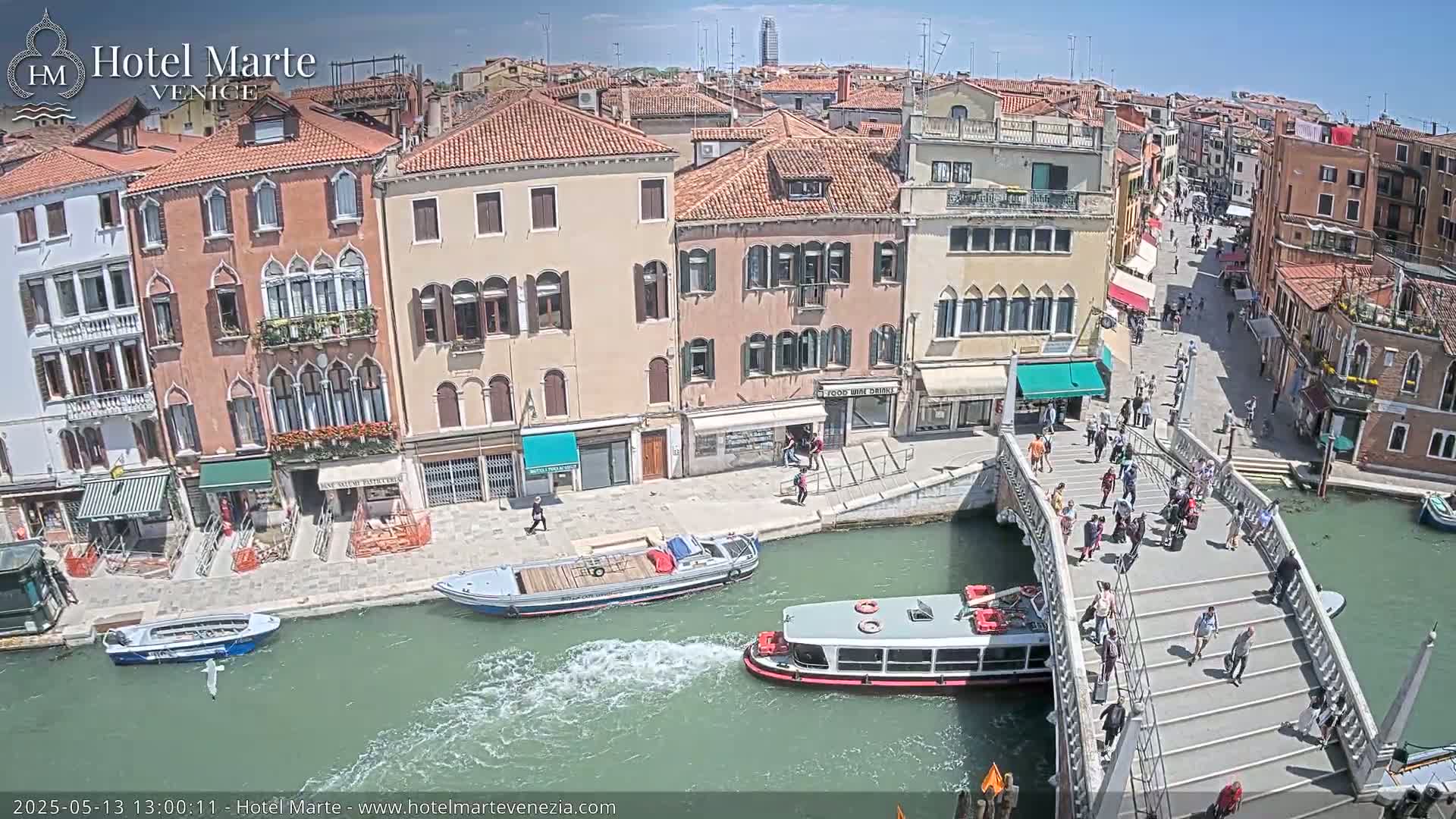 A sunny day in Venice shows a canal with boats and pedestrians crossing a bridge lined with colorful buildings.