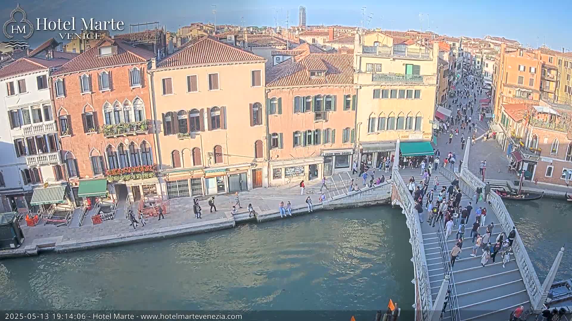 A sunny day in Venice shows a canal with a bridge crowded with people, and colorful buildings lining the waterway.
