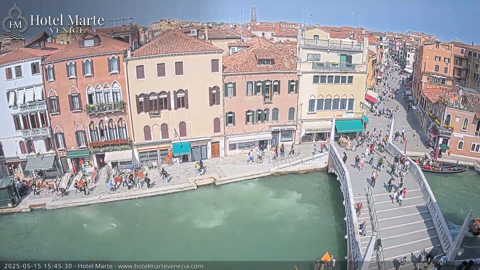 A sunny day in Venice shows a canal with a bridge crowded with people, alongside buildings and shops.