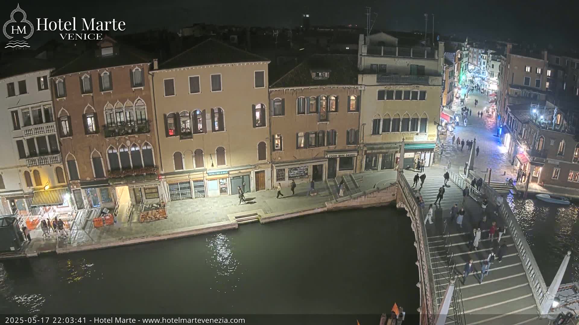 A nighttime aerial view shows a canal in Venice, Italy, with pedestrians walking across a bridge and along the canal-side walkways, lined with buildings.