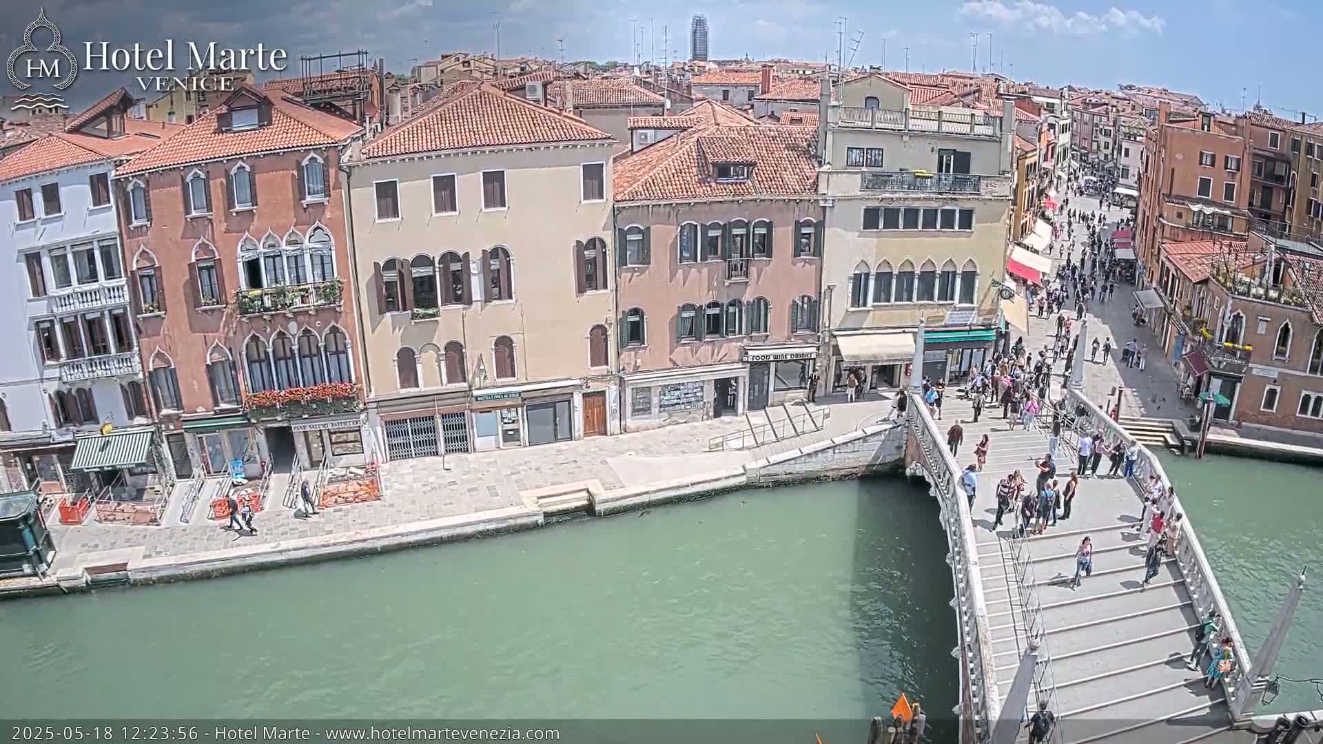A sunny day in Venice shows a canal with pedestrian bridge crowded with people, and colorful buildings lining the waterfront.
