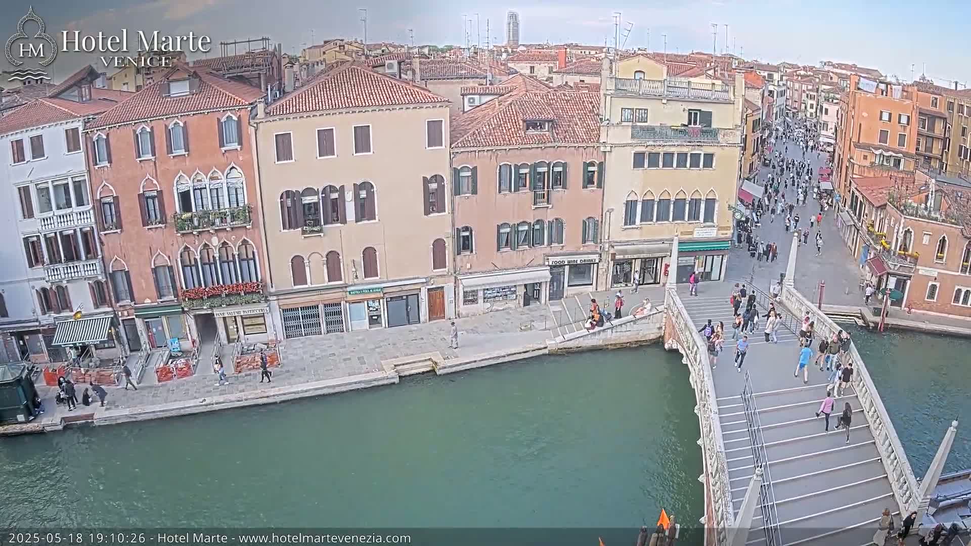 A canal in Venice, under a partly cloudy sky, is spanned by a bridge with many people walking across it, while Venetian buildings line the waterway.