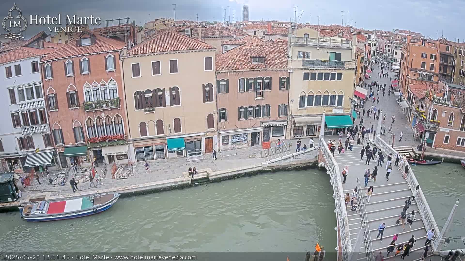 A canal in Venice, under an overcast sky, shows a bridge crowded with pedestrians and canal-side buildings.