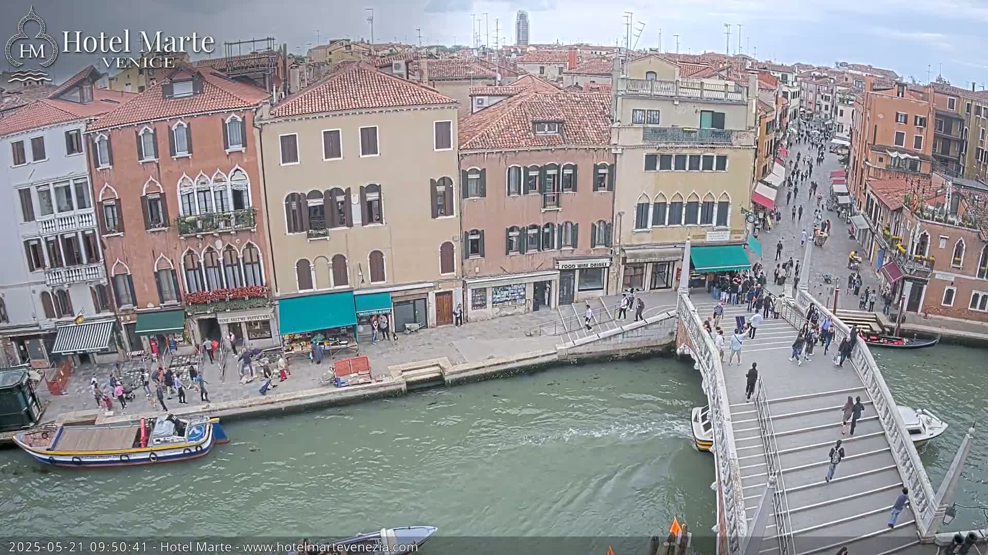 A Venetian canal scene shows a bridge with pedestrians, boats on the water, and colorful buildings under an overcast sky.