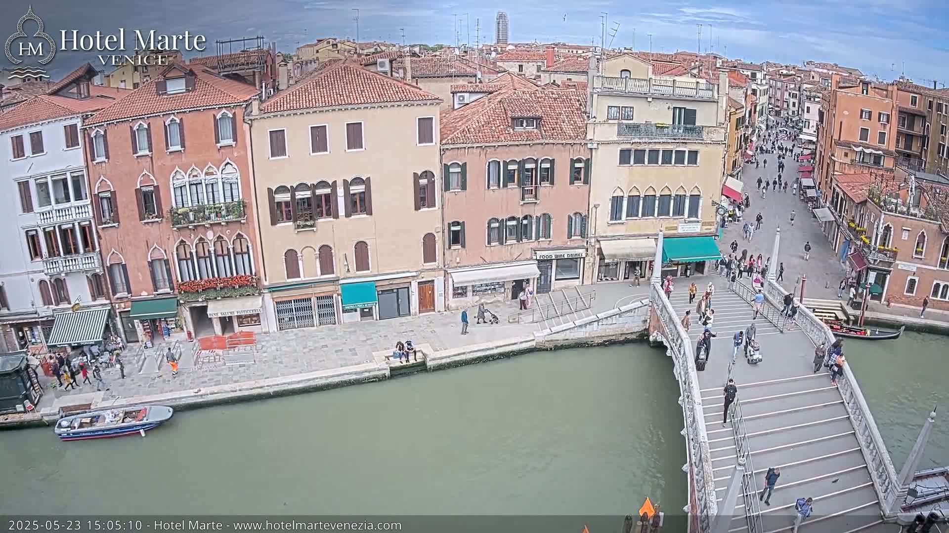 A high-angle view shows a canal in Venice, Italy, under partly cloudy skies, with a bridge crossing the canal and many people walking on it and along the canal-side streets.