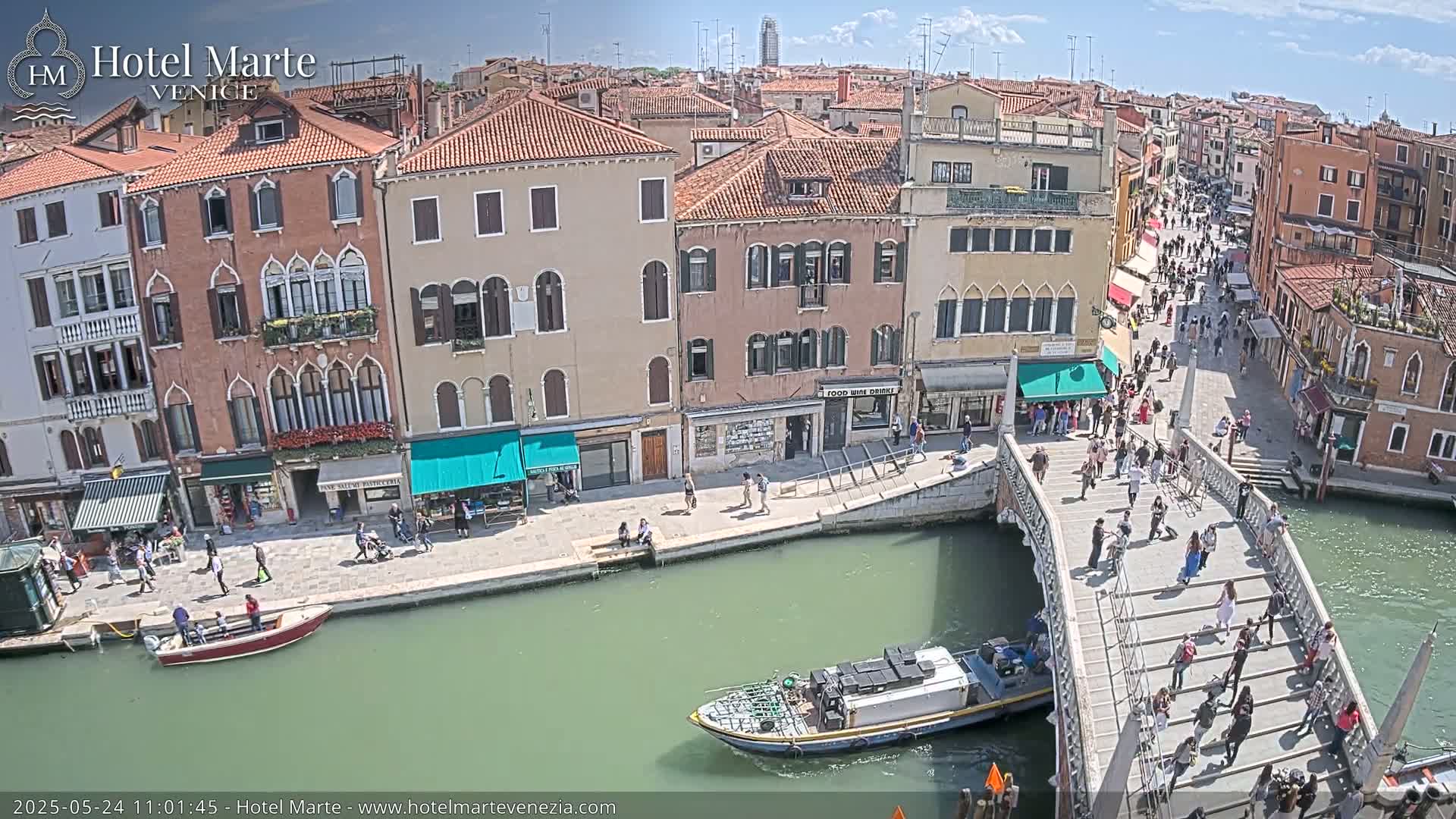 A sunny day in Venice shows a canal with a bridge crowded with pedestrians, boats, and buildings lining the waterway.