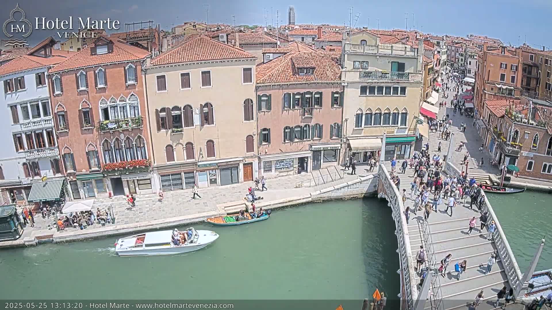 A sunny day in Venice shows a canal with boats, a footbridge crowded with pedestrians, and colorful buildings lining the waterway.
