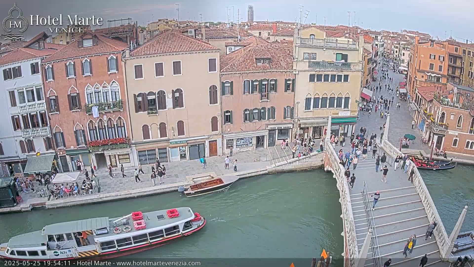 A canal in Venice, Italy, with pedestrians on a bridge and boats on the water, under a mostly cloudy sky.