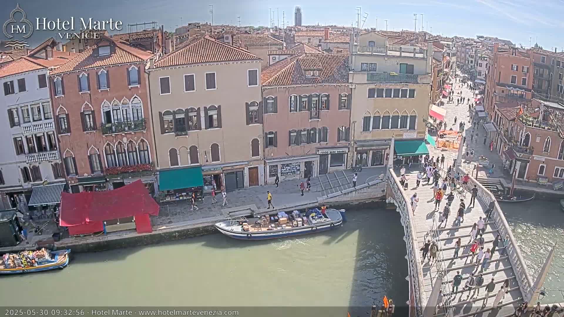 A sunny day in Venice shows a canal with a bridge crowded with pedestrians, boats, and buildings lining the waterway.
