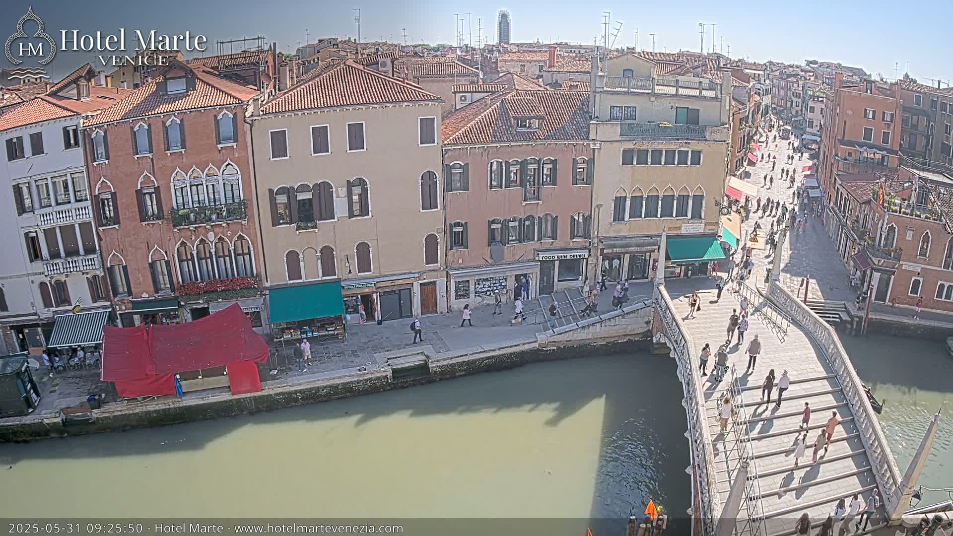A sunny day in Venice shows a canal with a bridge crowded with pedestrians, and colorful buildings lining the waterway.