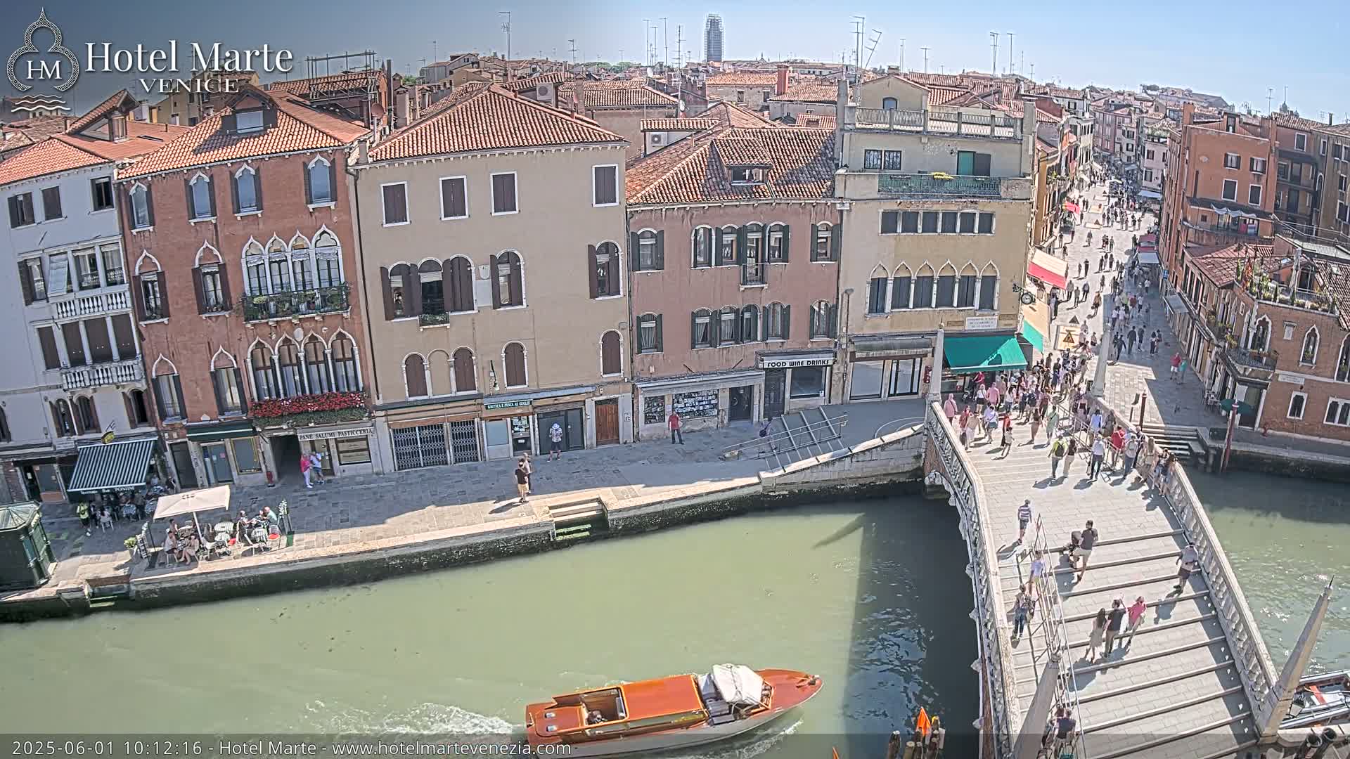 A sunny day in Venice shows a canal with a bridge crowded with pedestrians, colorful buildings lining the waterway, and a small boat on the water.