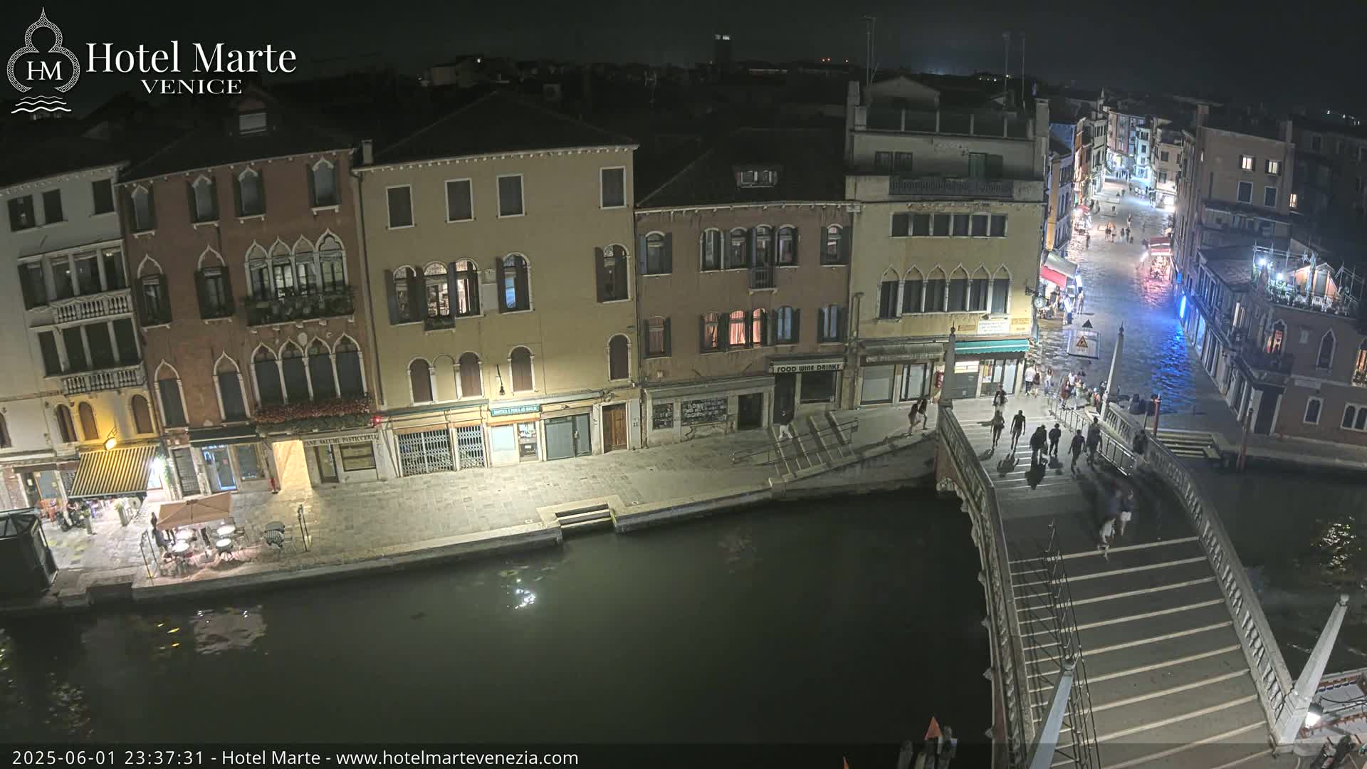 A nighttime aerial view of a canal in Venice, showing several buildings along the waterway and pedestrians crossing a bridge over the water.