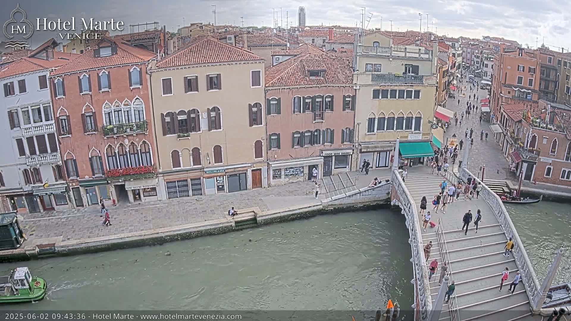 A canal in Venice, under a cloudy sky, is spanned by a bridge with people walking across it, and buildings line the canal on either side.