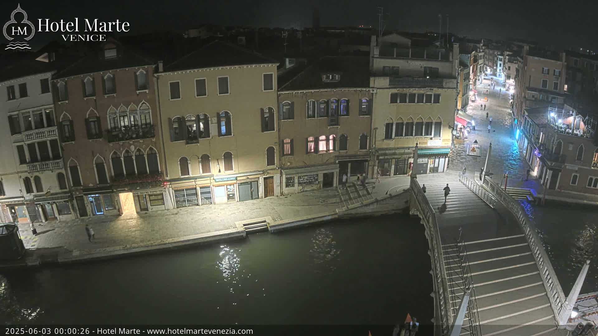 A nighttime view of a canal in Venice, showing several buildings along the waterway, a bridge with a person walking across it, and water partially covering the street.