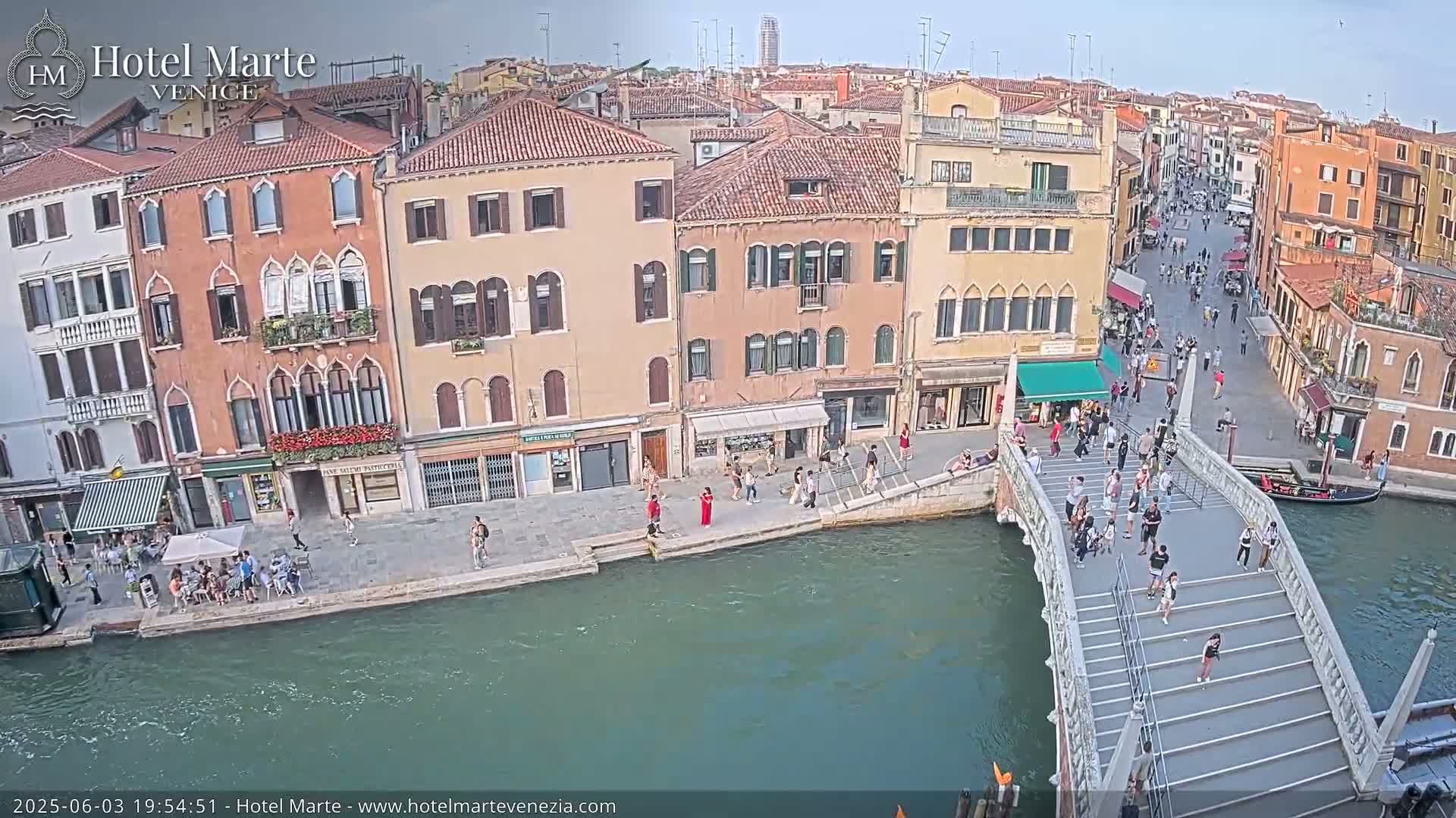 A canal in Venice, Italy, on a sunny day, shows pedestrians walking across a bridge lined with buildings and a gondola in the water.