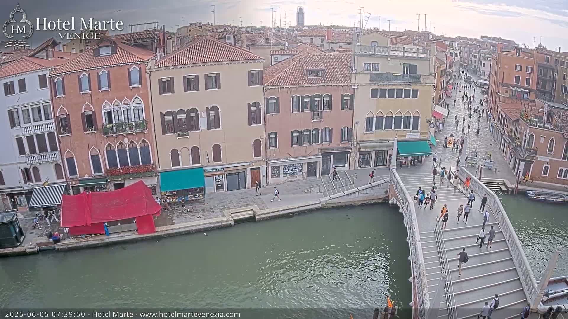 A bridge over a canal in Venice, Italy, with pedestrians crossing and buildings lining the waterway under overcast skies.