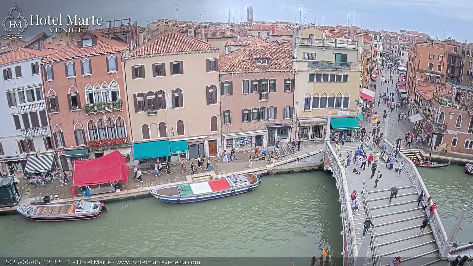 A canal in Venice, under an overcast sky, is filled with boats and crossed by a bridge with many pedestrians.