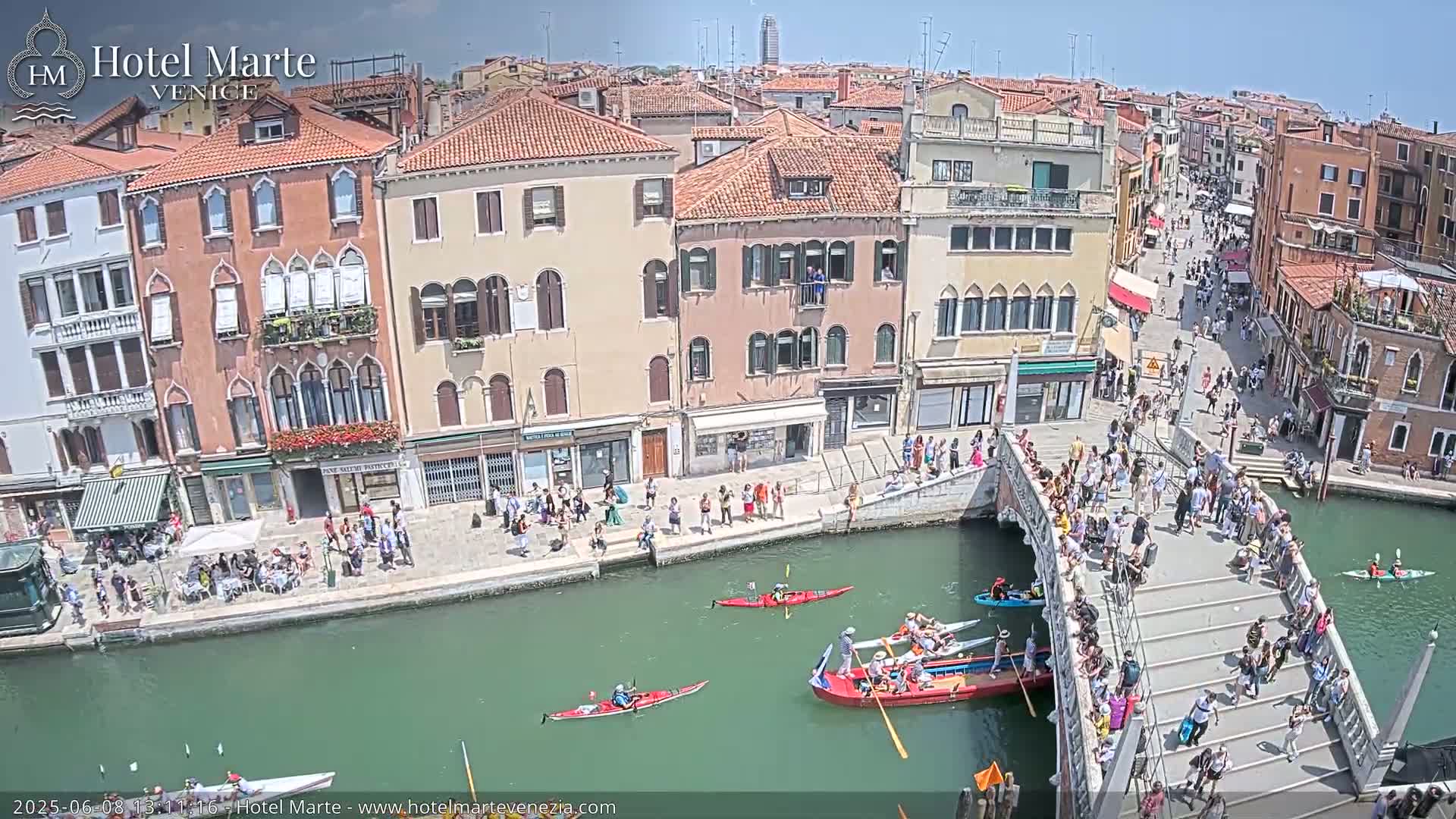 A sunny day in Venice shows a canal with several small boats, a bridge crowded with people, and colorful buildings lining the waterway.
