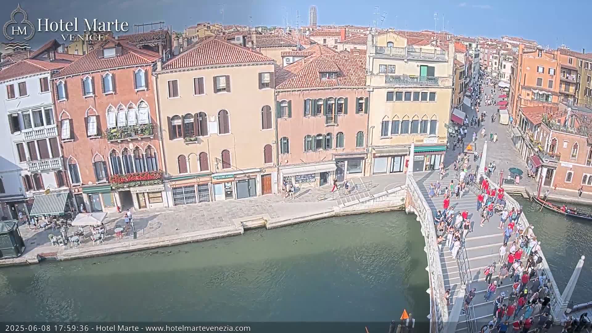 A sunny day in Venice shows a canal with a bridge crowded with people, lined with buildings on either side.