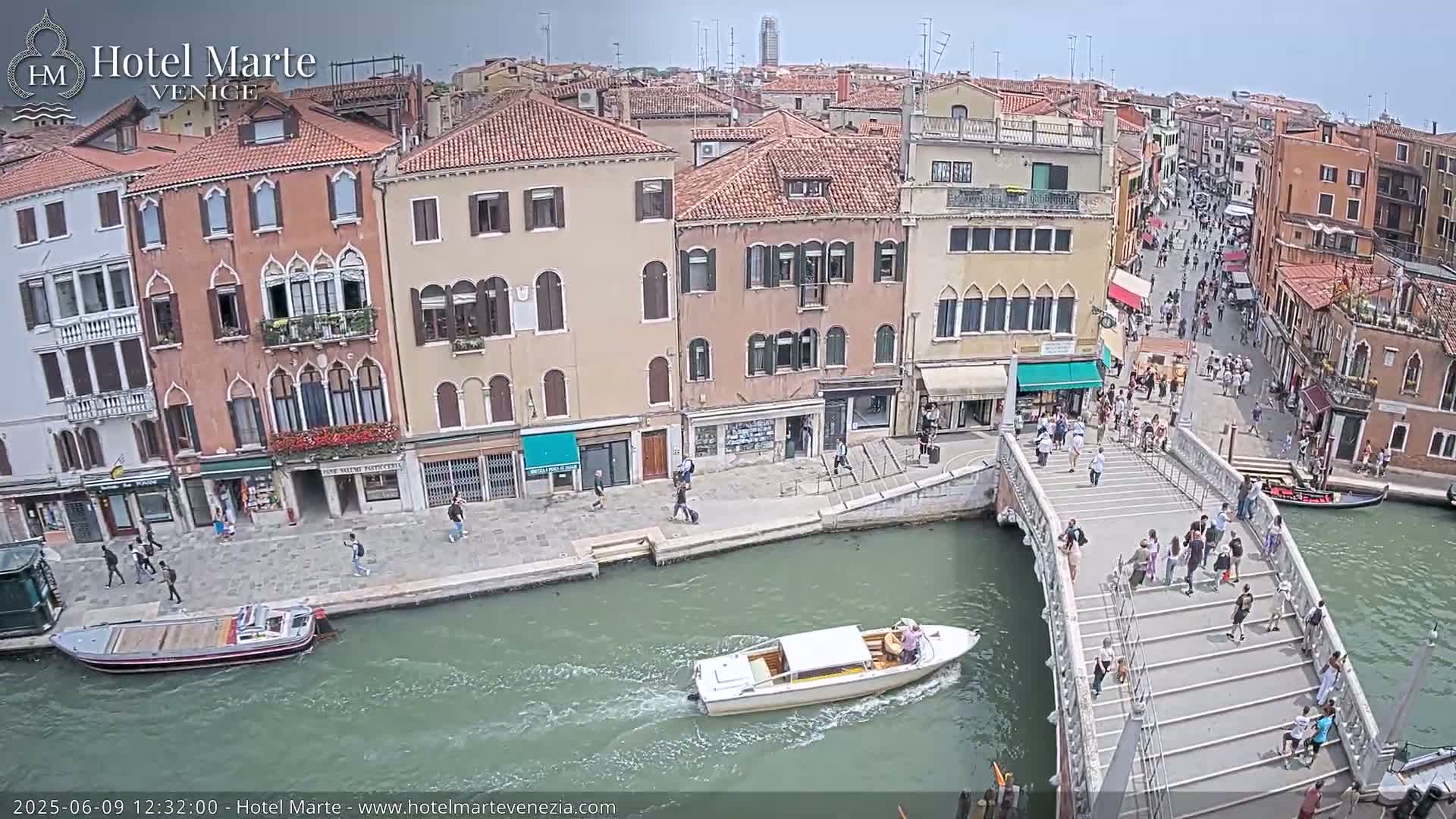 A sunny day in Venice shows a canal with boats, pedestrians walking on a bridge, and colorful buildings lining the waterway.