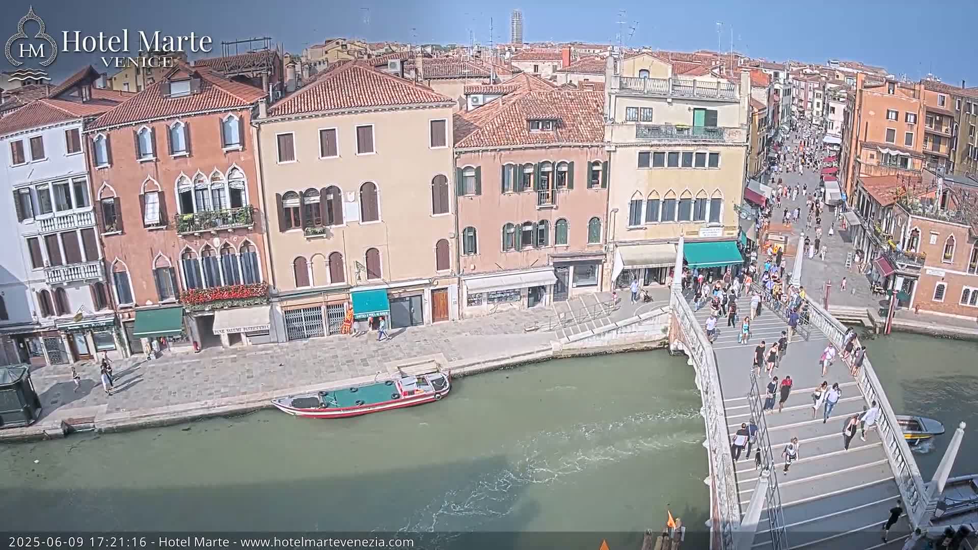 A sunny day in Venice shows a canal with a bridge crowded with pedestrians, and colorful buildings lining the waterway.