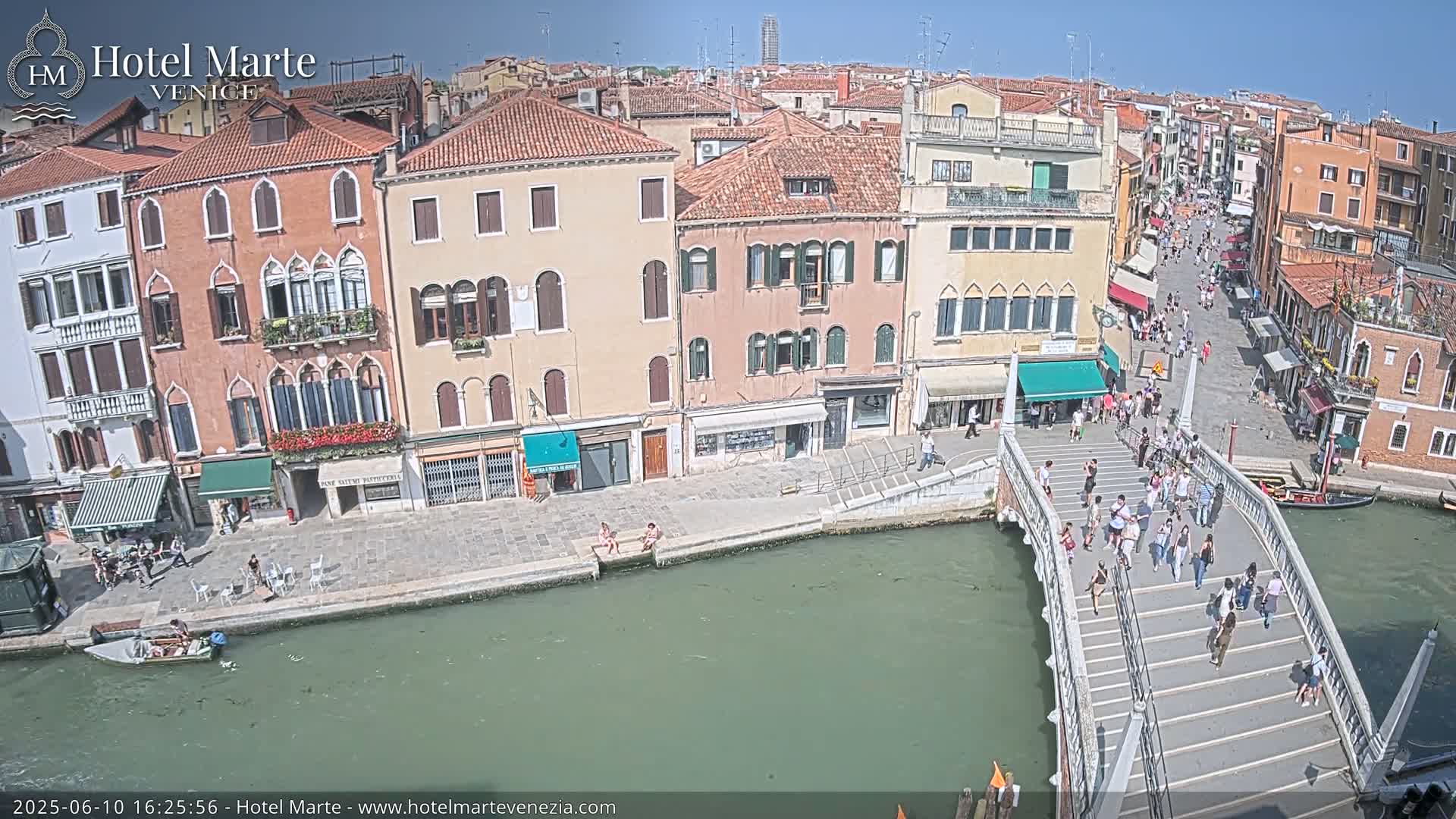 A sunny day in Venice shows a canal with a bridge crowded with pedestrians, alongside colorful buildings and a waterfront walkway.
