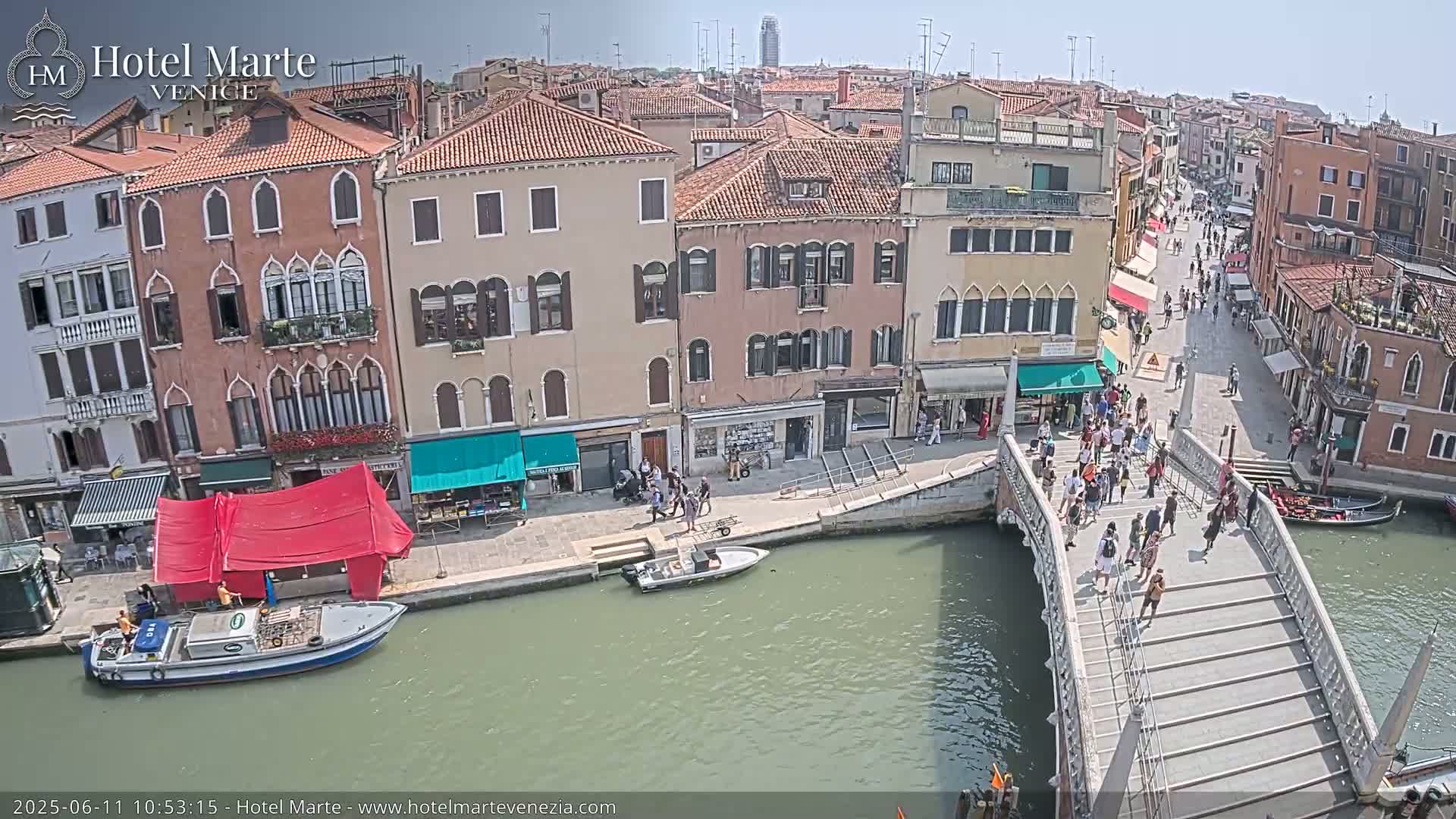 A sunny day in Venice shows a canal with boats, pedestrians walking across a bridge, and several buildings lining the waterway.